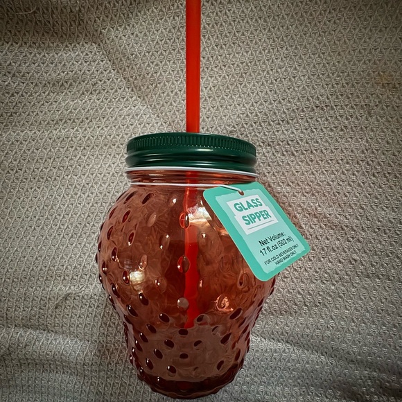 Other - Strawberry Glass Sipper with Green Lid